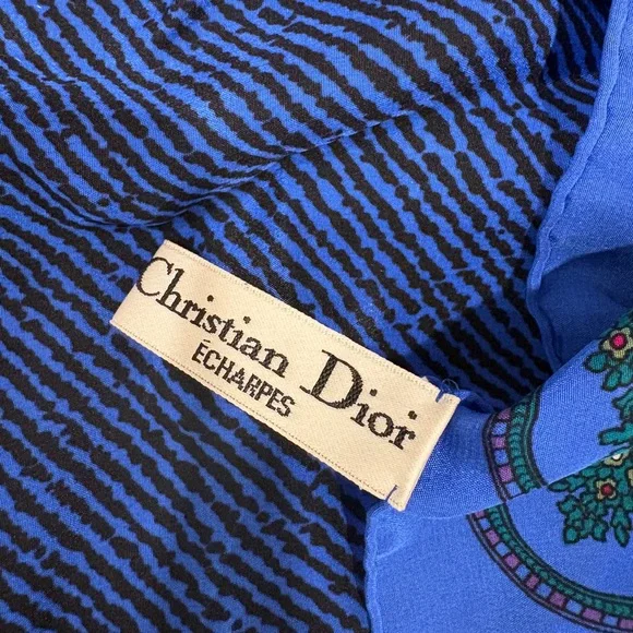 Dior Blue and Black Patterned Silk Scarf with Floral Accents - Picture 4 of 4